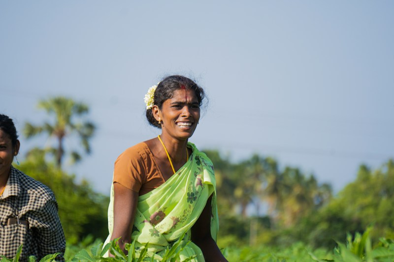 A smiling woman in a green sari standing in a sunlit field